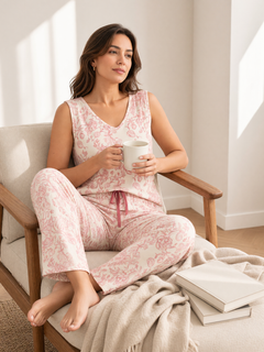 Mujer en casa con pijama Rosas Organicas Freschezza de algodón Pima, con luz natural. Imagen generada con IA sobre la prenda real.