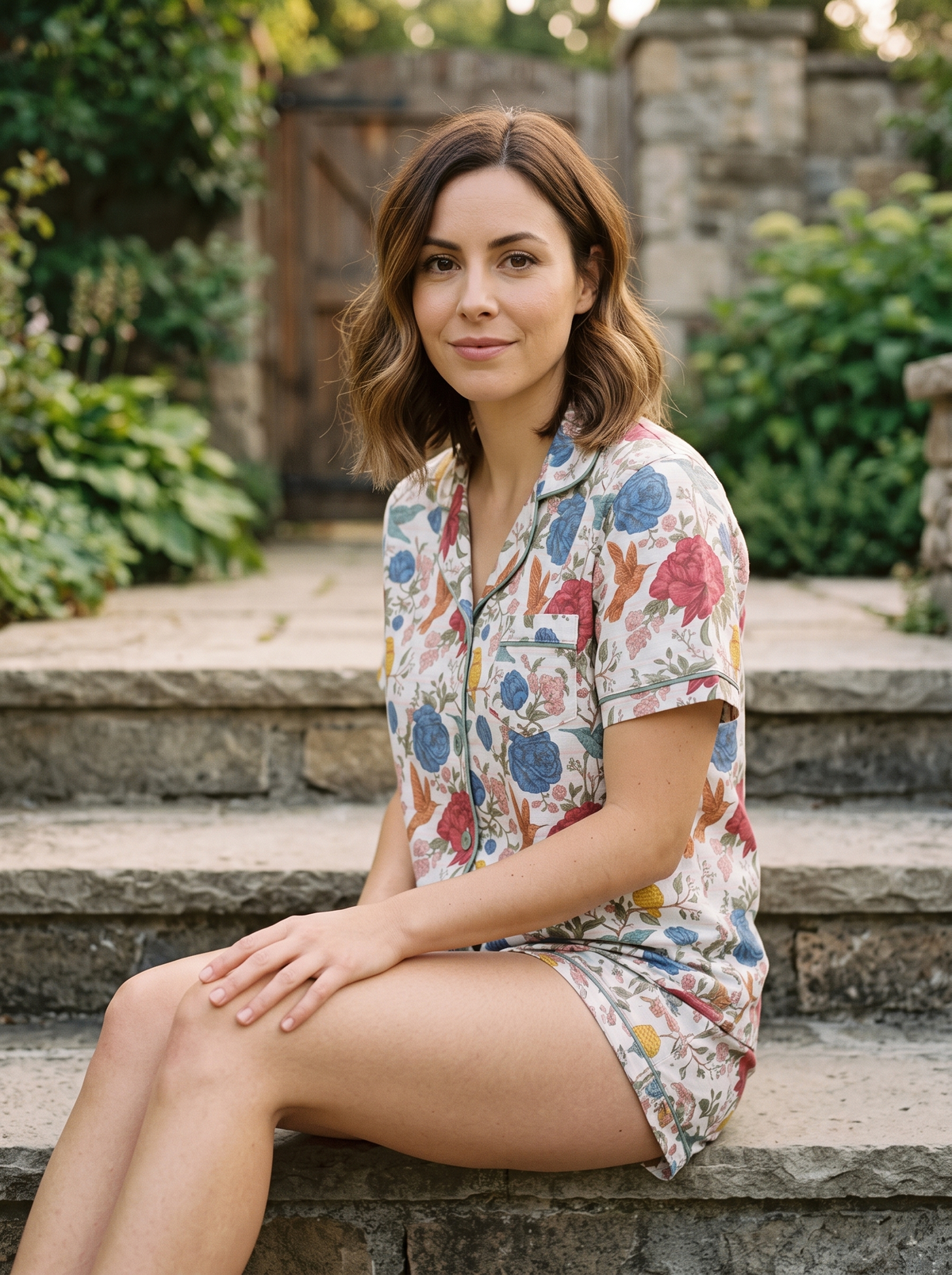 Jardín Eterno Amore Celeste Listado, vista lateral sentada. Foto editorial generada con IA sobre la prenda real
