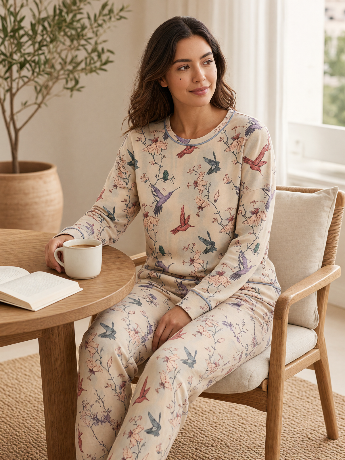 Mujer en casa con pijama Dream Garden Gioventu Natural de algodón Pima, con luz natural. Imagen generada con IA sobre la prenda real.