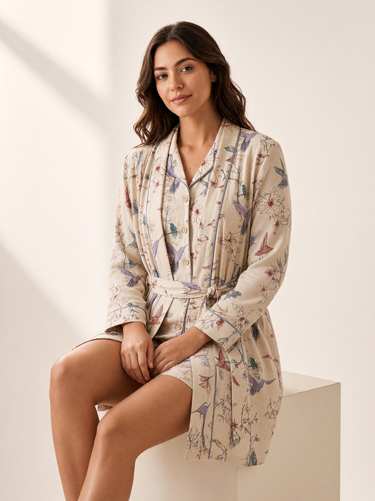 Mujer sentada con pijama Dream Garden Liberta Natural de algodón Pima, en estudio. Imagen generada con IA sobre la prenda real.
