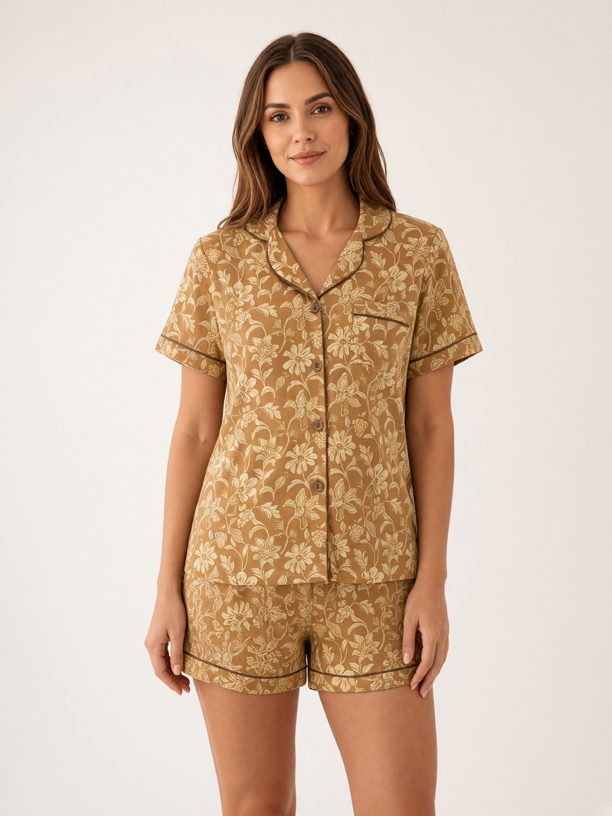 Pijama Esencia Floral Amore Amarillo de algodón Pima, plano medio con el detalle del estampado y la caída de la tela. Imagen generada con IA sobre la prenda real.