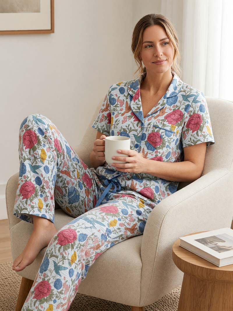 Mujer en casa con pijama Jardín Eterno Donna Listado de algodón Pima, con luz natural. Imagen generada con IA sobre la prenda real.