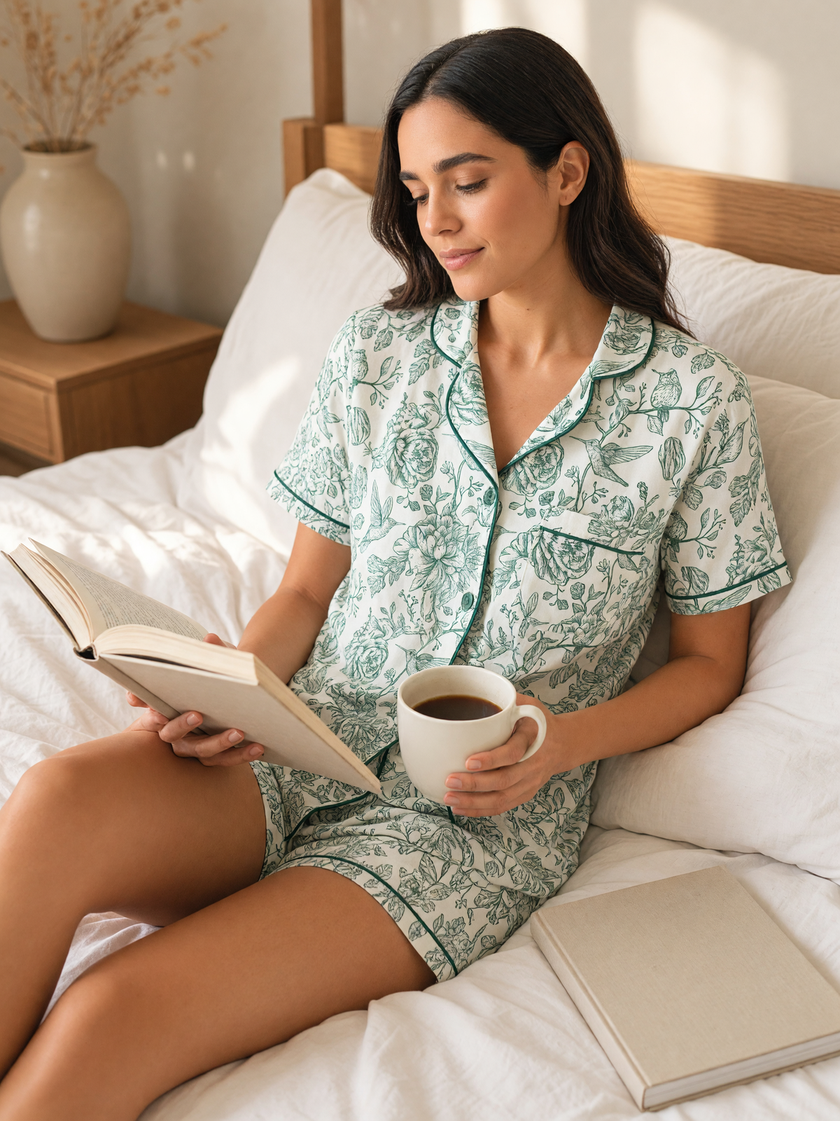 Mujer en casa con pijama Natura Amore Verde de algodón Pima, con luz natural. Imagen generada con IA sobre la prenda real.