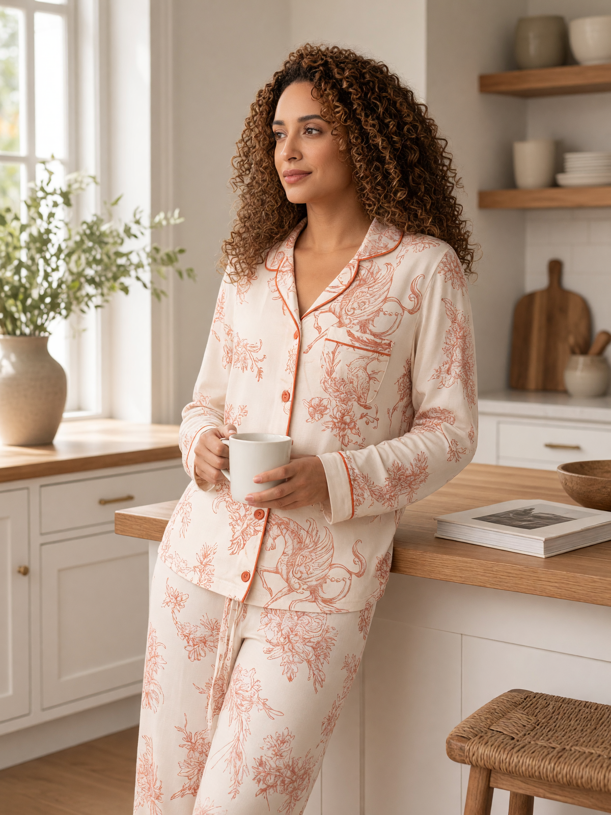 Mujer en casa con pijama Mitos Griegos Eleganza Rosa de algodón Pima, otro momento de descanso. Imagen generada con IA sobre la prenda real.