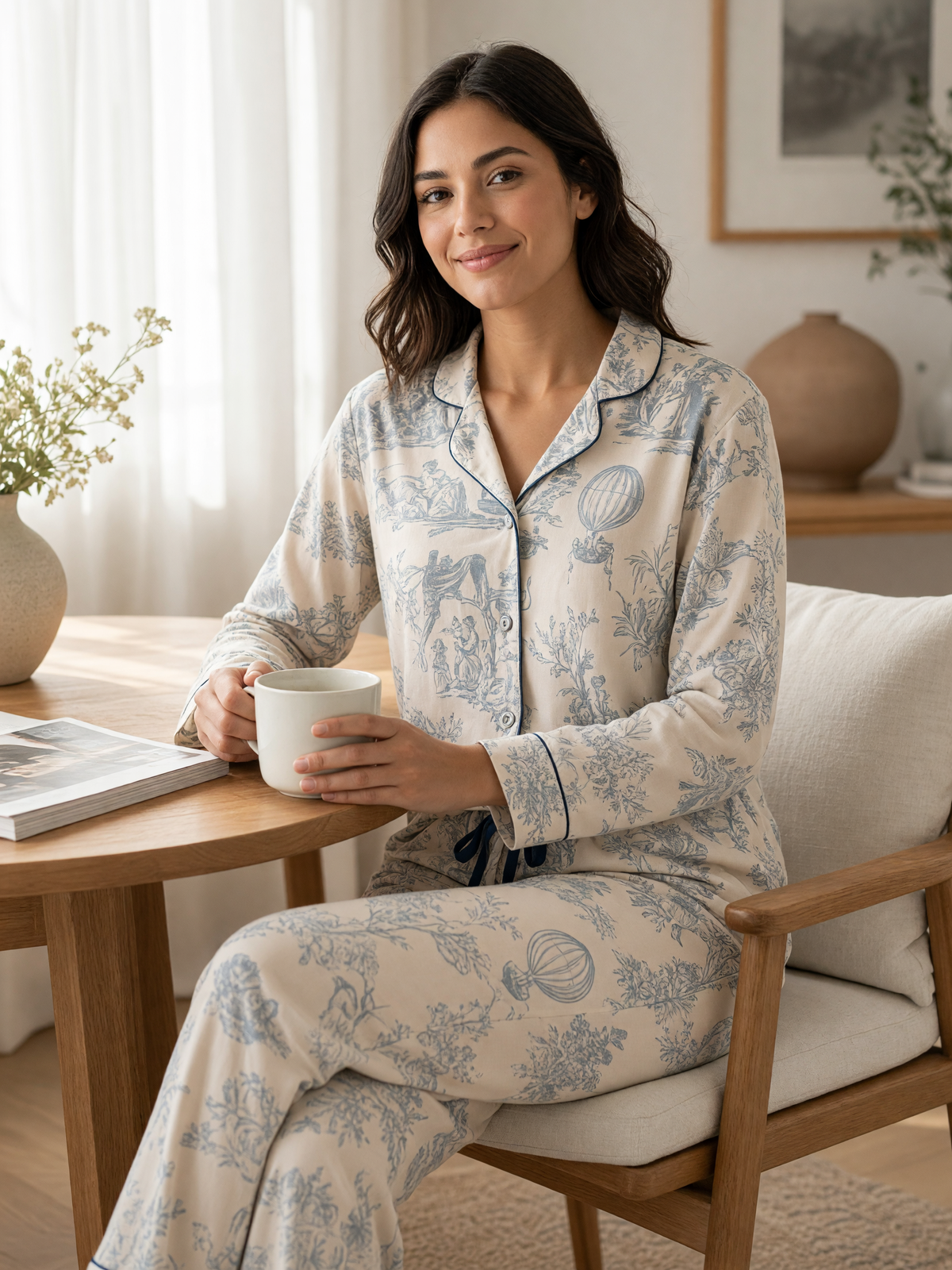 Mujer en casa con pijama Sueños en Vintage Armonía Polvo Azul de algodón Pima, con luz natural. Imagen generada con IA sobre la prenda real.